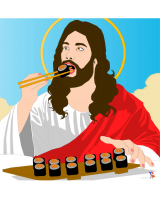 Jesus Christ eats a type of sushi called Ikura