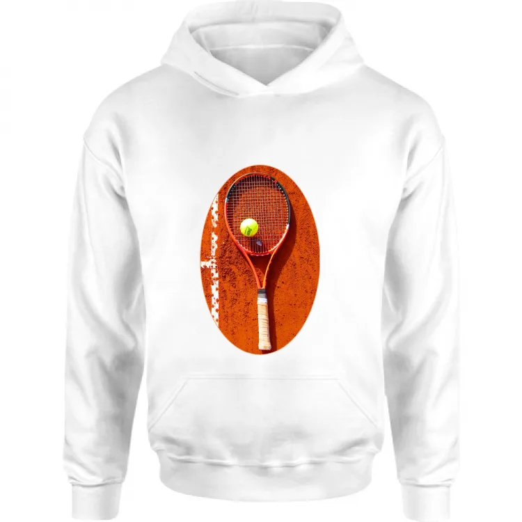 tennis racket with ball on clay court