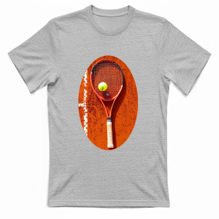 tennis racket with ball on clay court
